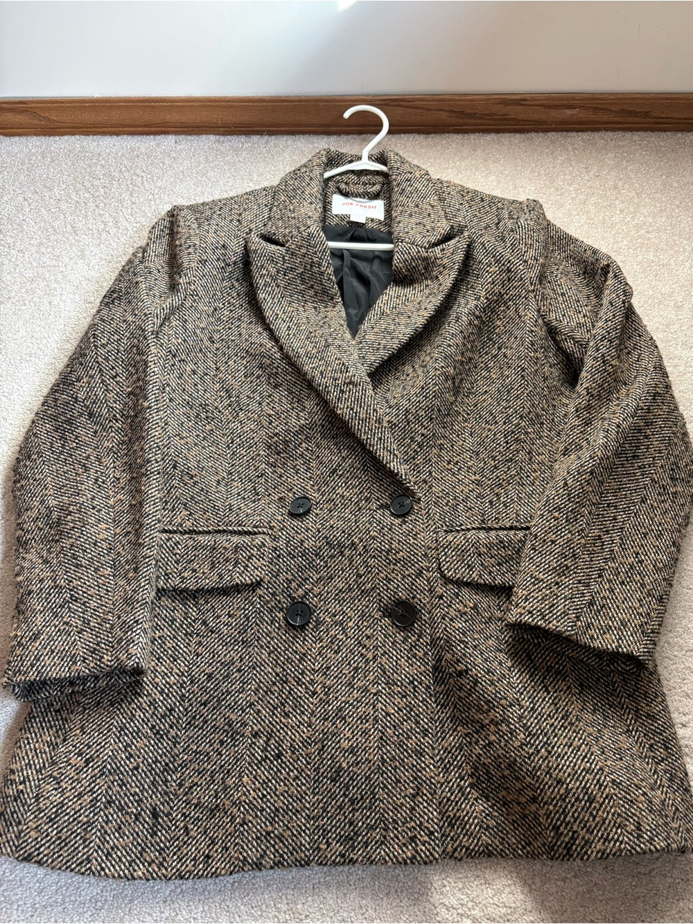 Joe Fresh Brown Herringbone Tweed Double Breasted Blazer L